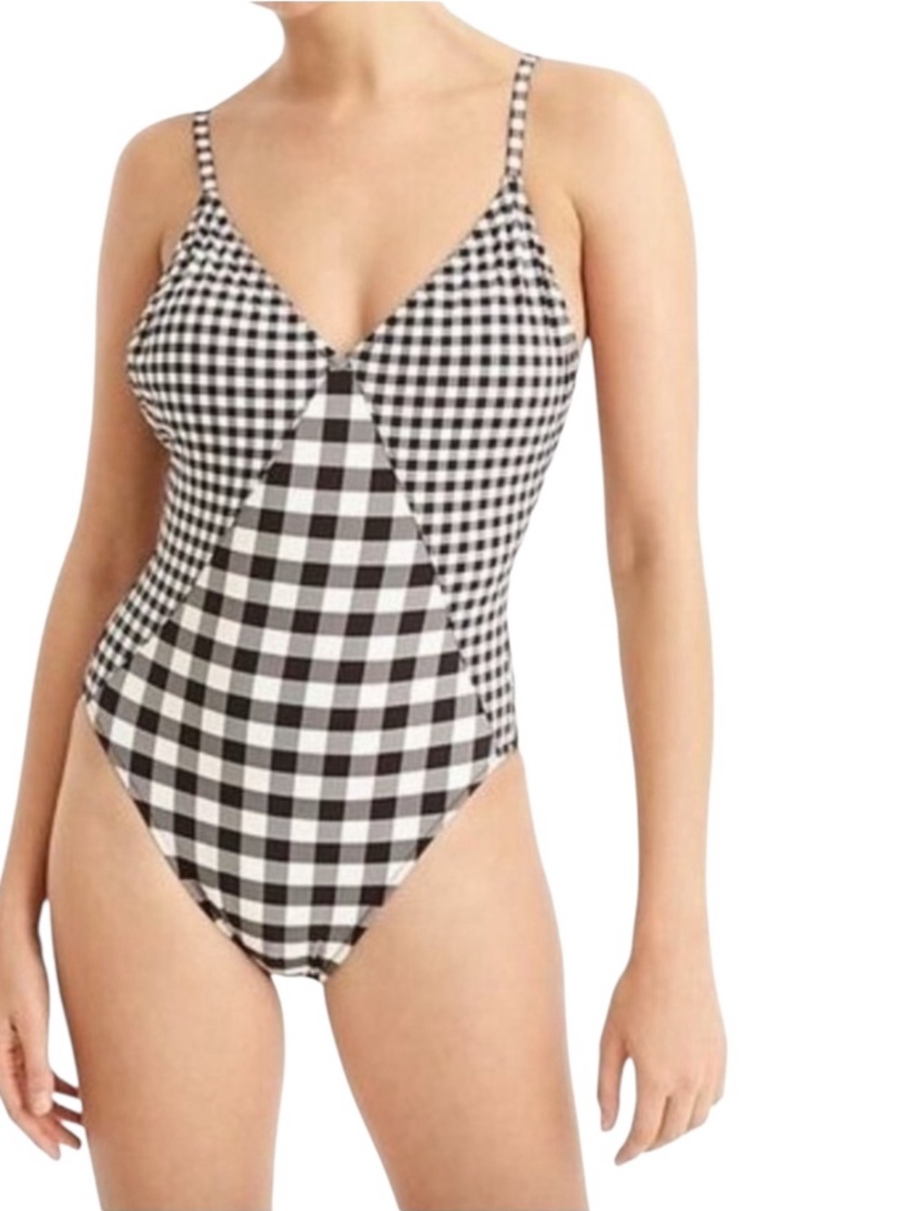 J Crew Deep V neck One piece Swimsuit Black and Ivory Gingham Size 8 and 10 NWT